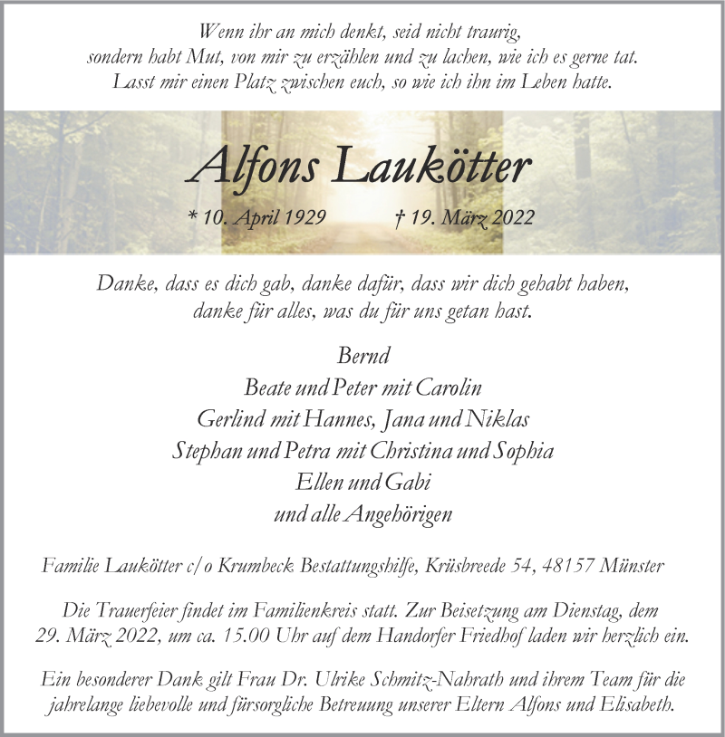  Traueranzeige für Alfons Laukötter vom 26.03.2022 aus 