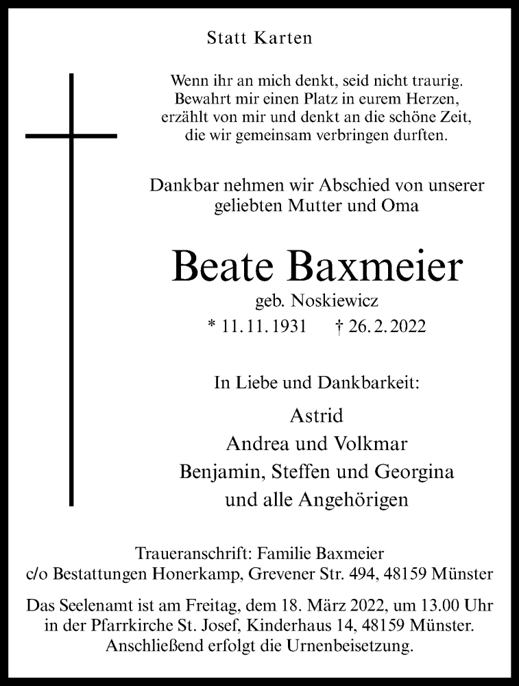  Traueranzeige für Beate Baxmeier vom 03.03.2022 aus 