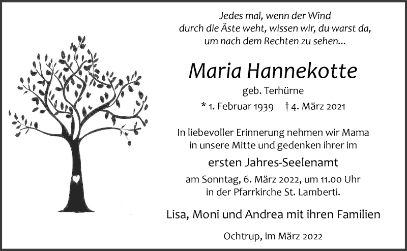 Traueranzeige für Maria Hannekotte vom 02.03.2022 aus 