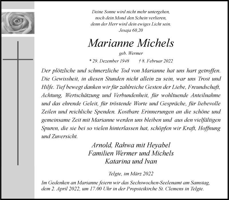  Traueranzeige für Marianne Michels vom 19.03.2022 aus 