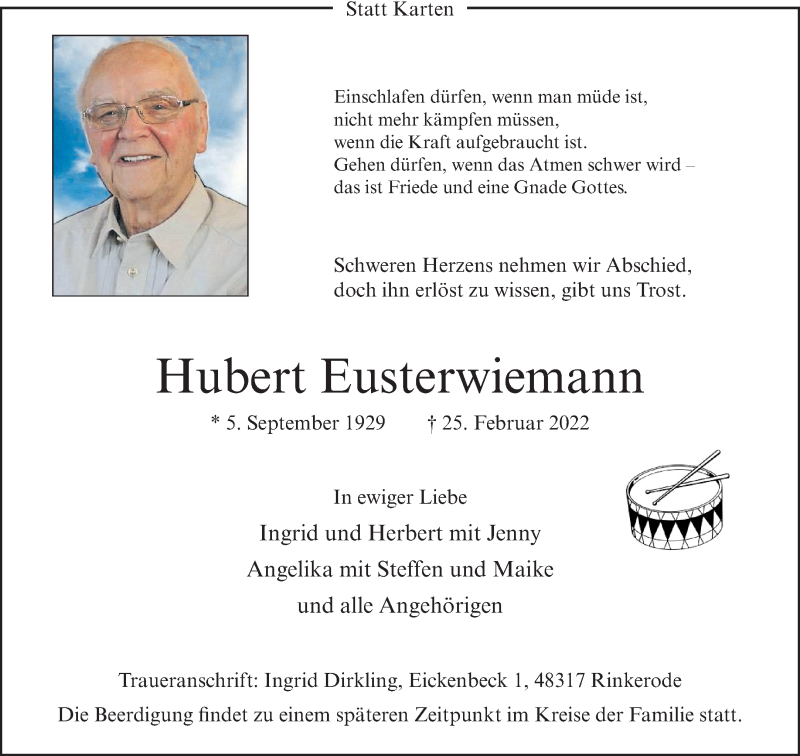  Traueranzeige für Hubert Eusterwiemann vom 05.03.2022 aus 