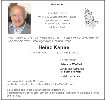 Anzeige von Heinz Kanne 