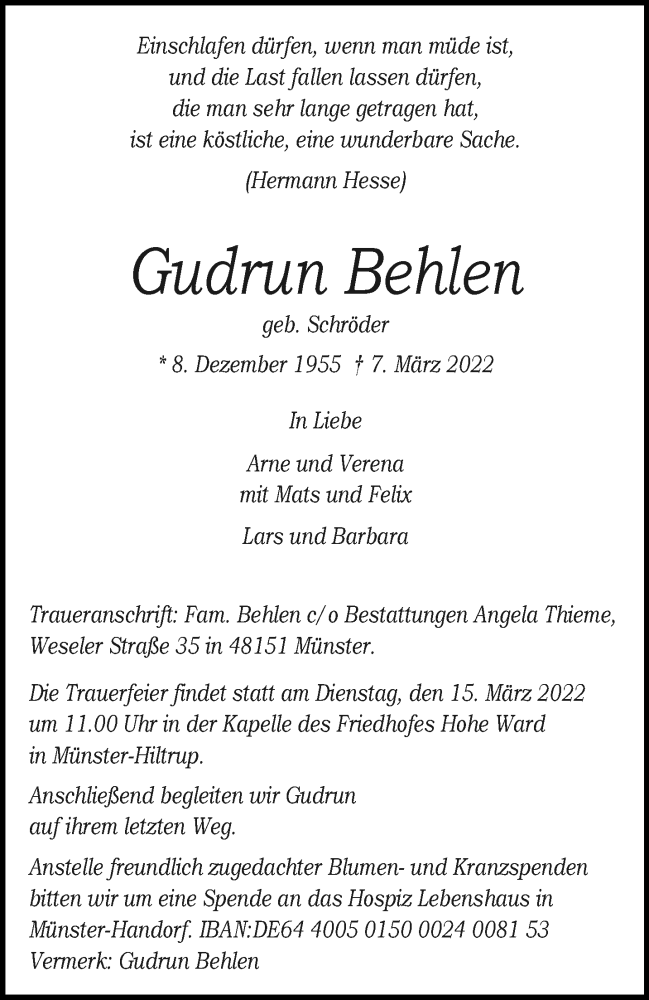  Traueranzeige für Gudrun Behlen vom 12.03.2022 aus 