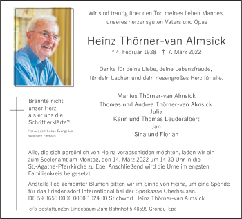 Anzeige von Heinz Thörner-van Almsick 