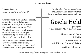 Anzeige von Gisela Held 