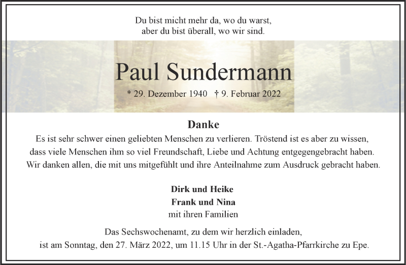  Traueranzeige für Paul Sundermann vom 19.03.2022 aus 