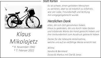 Anzeige von Klaus Mikolajetz 