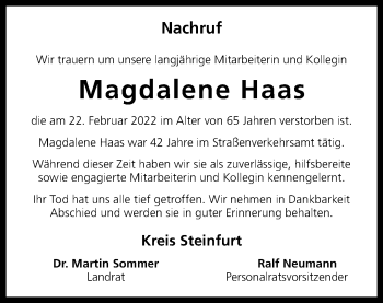 Anzeige von Magdalene Haas 