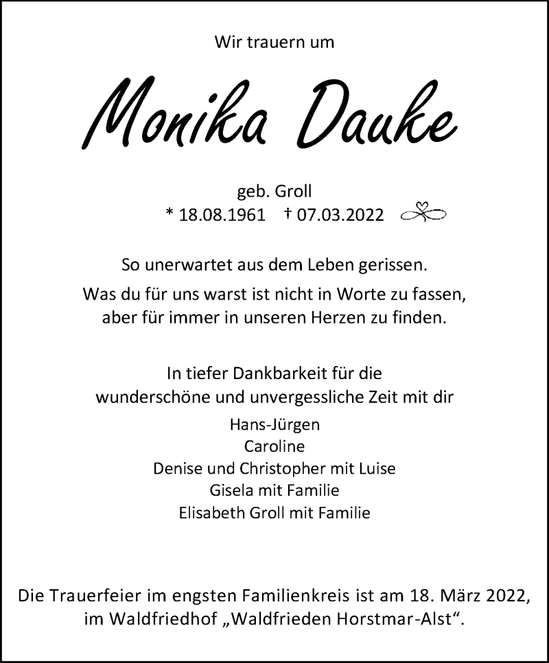  Traueranzeige für Monika Dauke vom 16.03.2022 aus 