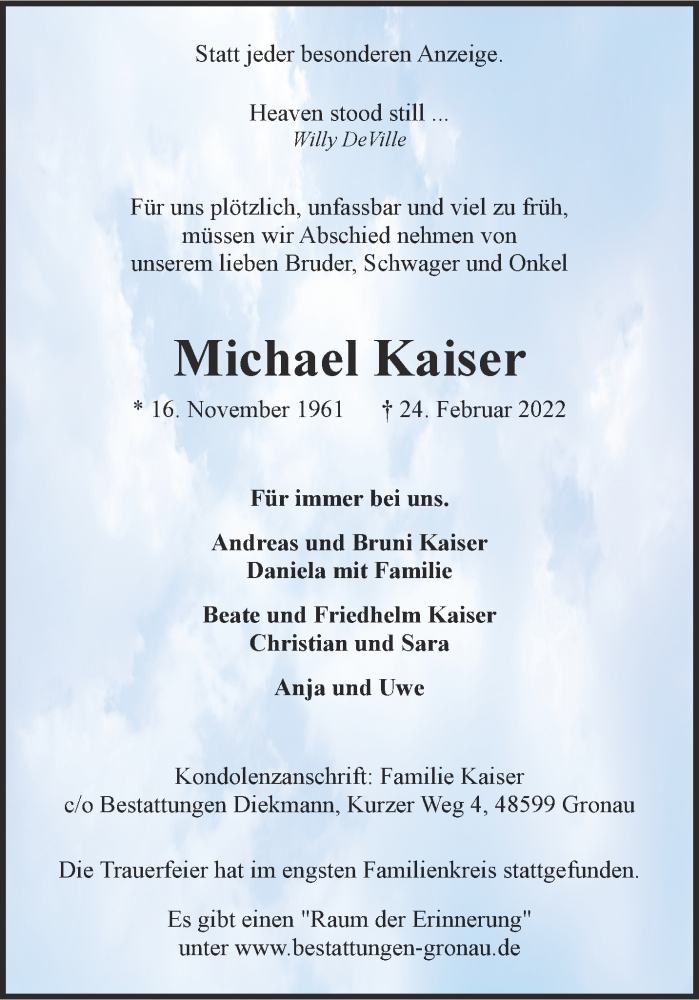  Traueranzeige für Michael Kaiser vom 05.03.2022 aus 