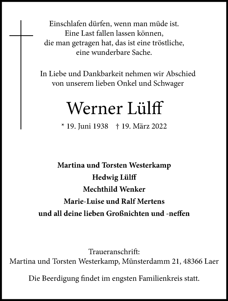  Traueranzeige für Werner Lülff vom 26.03.2022 aus 