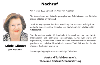 Anzeige von Minie Günner 