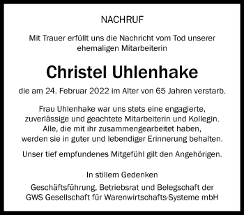 Anzeige von Christel Uhlenhake 