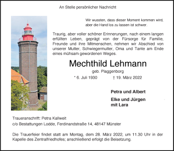 Anzeige von Mechthild Lehmann 