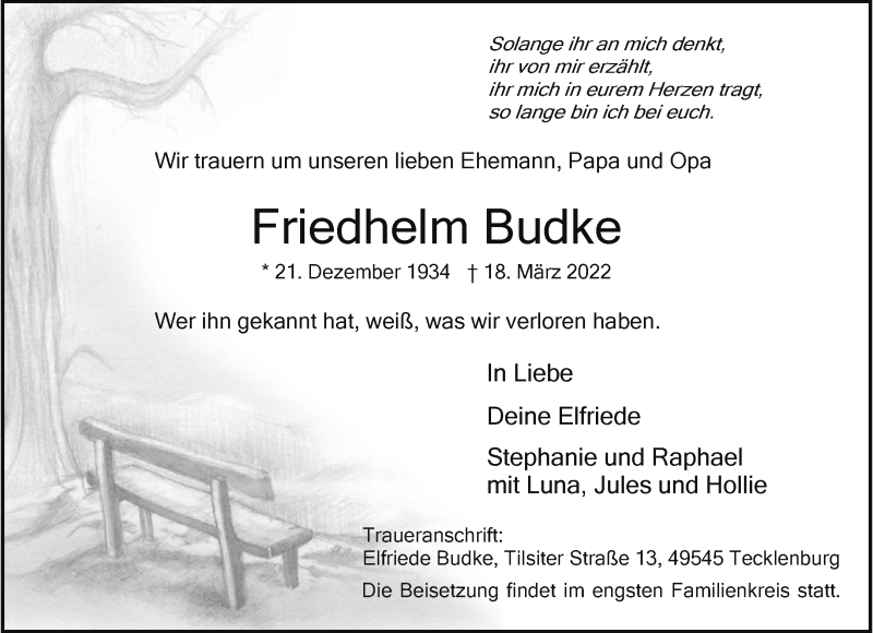  Traueranzeige für Friedhelm Budke vom 26.03.2022 aus 