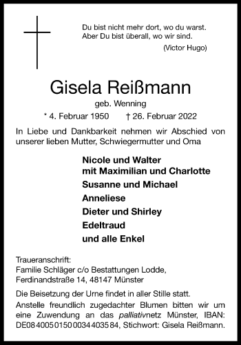 Anzeige von Gisela Reißmann 
