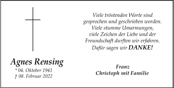Anzeige von Agnes Rensing 