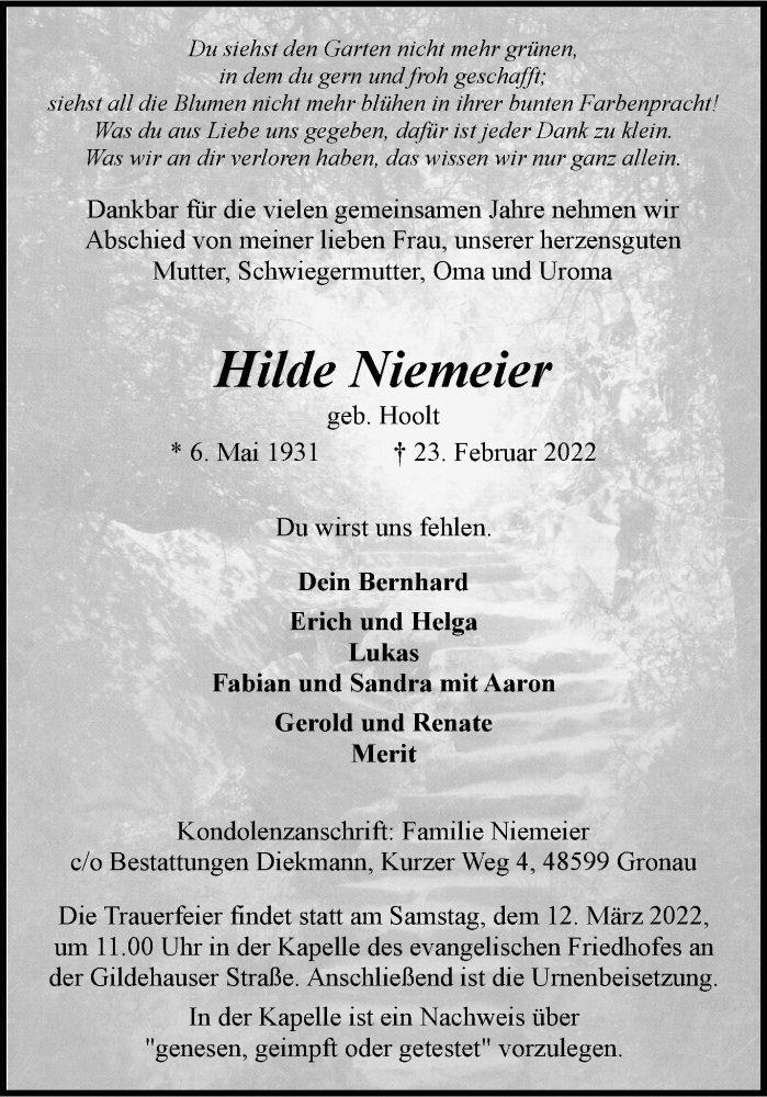  Traueranzeige für Hilde Niemeyer vom 02.03.2022 aus 