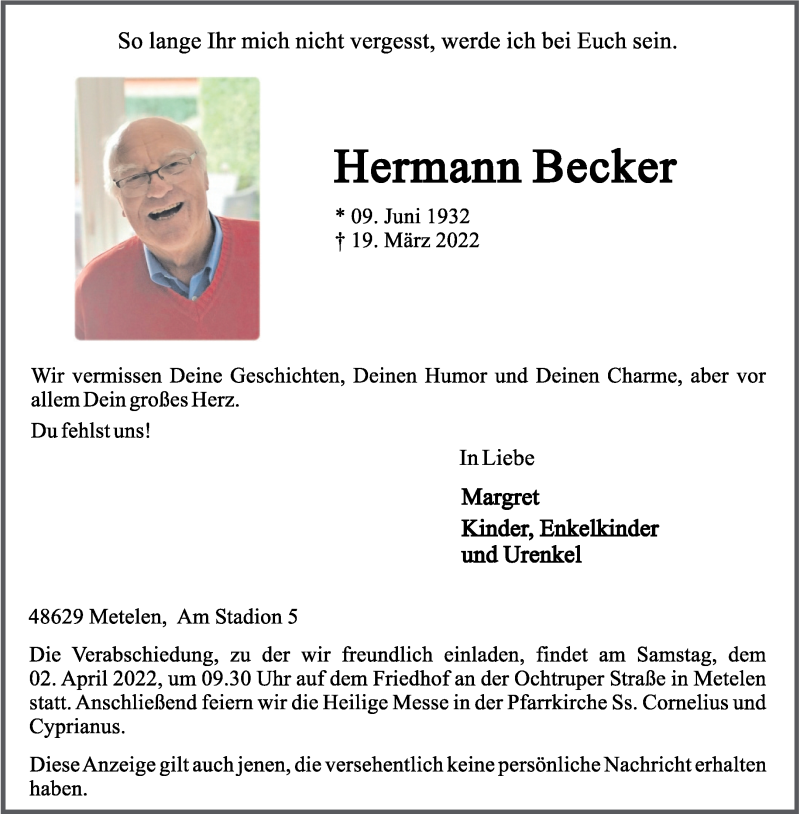  Traueranzeige für Hermann Becker vom 28.03.2022 aus 