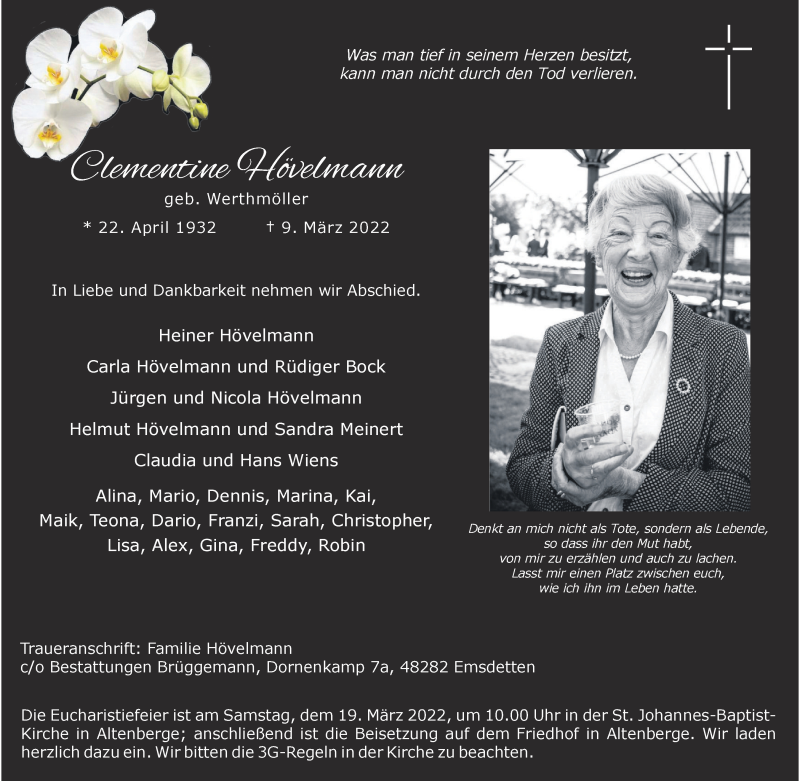  Traueranzeige für Christine Hövelmann vom 16.03.2022 aus 