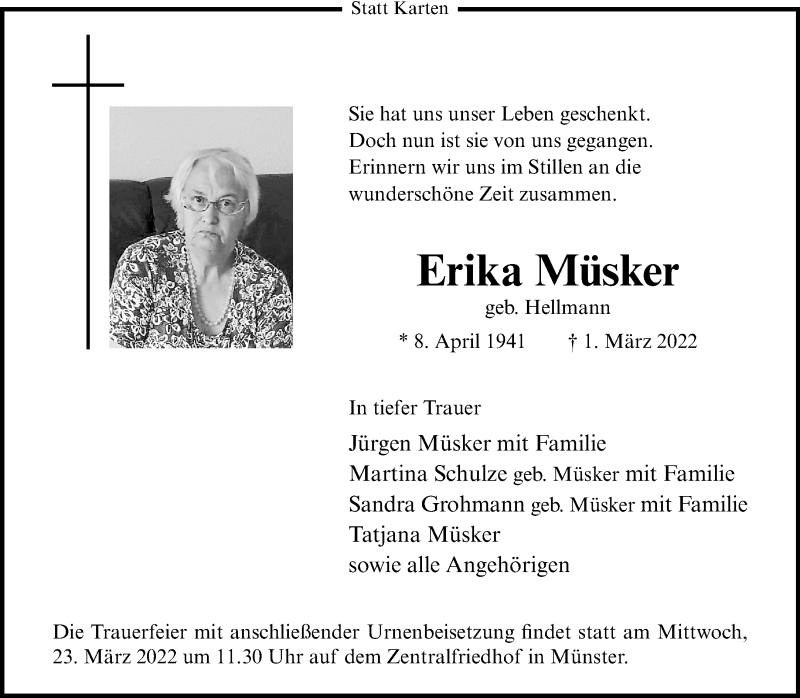  Traueranzeige für Erika Müsker vom 12.03.2022 aus 
