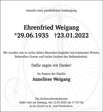 Anzeige von Ehrenfried Weigang 