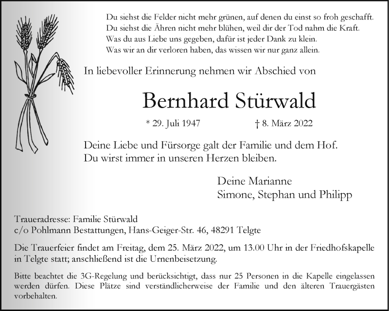 Traueranzeige für Bernhard Stürwald vom 12.03.2022 aus 