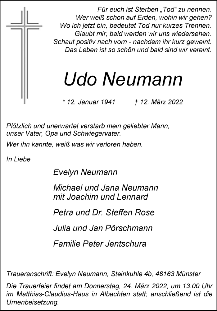  Traueranzeige für Udo Neumann vom 19.03.2022 aus 