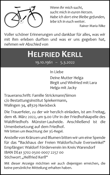 Anzeige von Helfried Kerll 