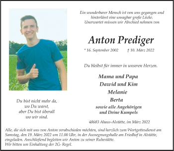 Anzeige von Anton Prediger 