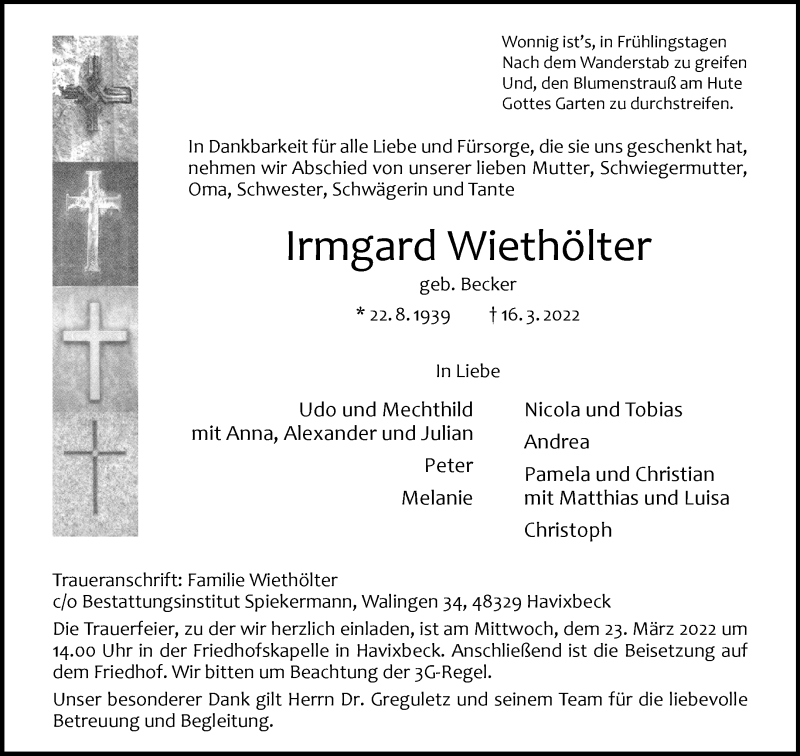  Traueranzeige für Irmgard Wiethölter vom 19.03.2022 aus 