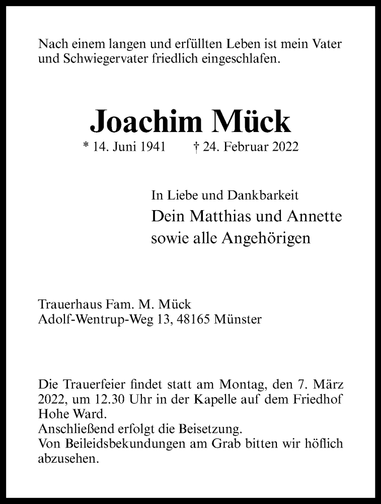  Traueranzeige für Joachim Mück vom 05.03.2022 aus 