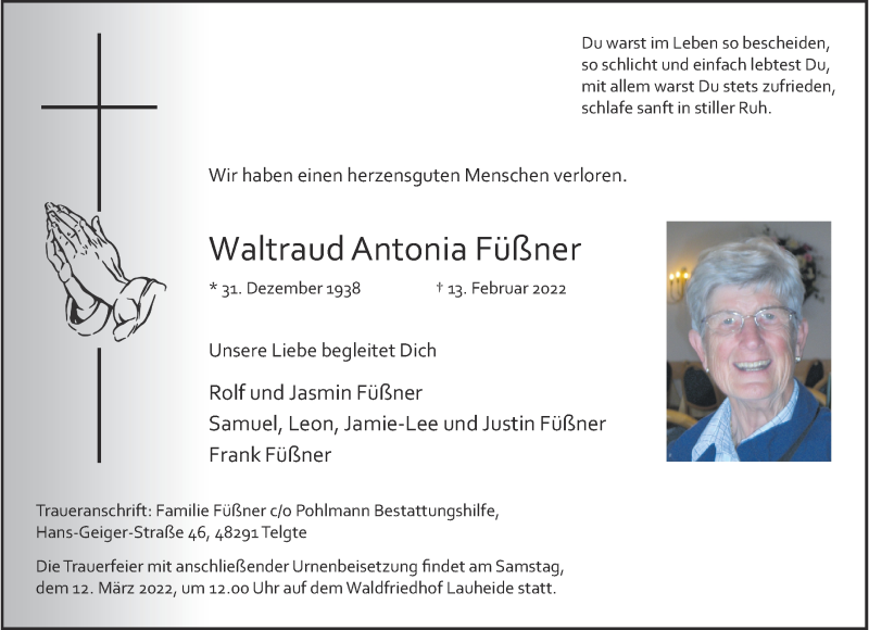  Traueranzeige für Waltraud Antonia Füßner vom 05.03.2022 aus 