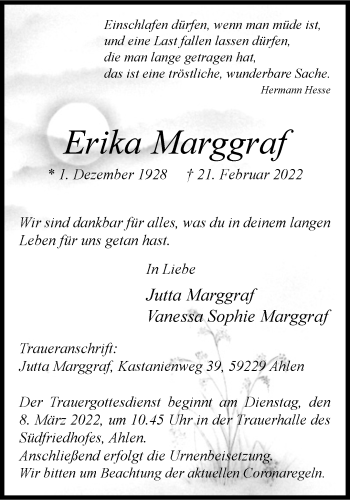 Anzeige von Erika Marggraf 