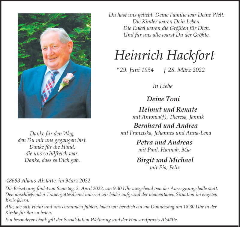  Traueranzeige für Heinrich Hackfort vom 30.03.2022 aus 