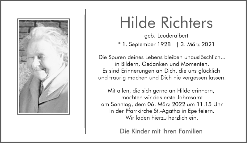  Traueranzeige für Hilde Richters vom 03.03.2022 aus 