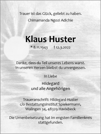 Anzeige von Klaus Huster 