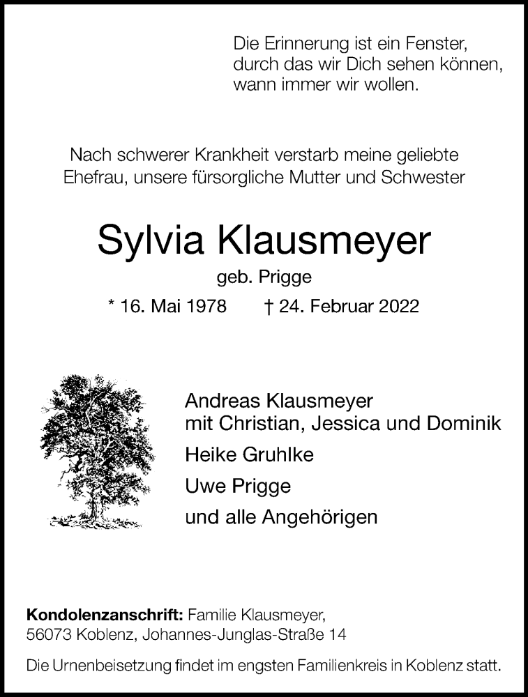  Traueranzeige für Sylvia Klausmeyer vom 05.03.2022 aus 