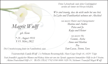 Anzeige von Margrit Wulff 