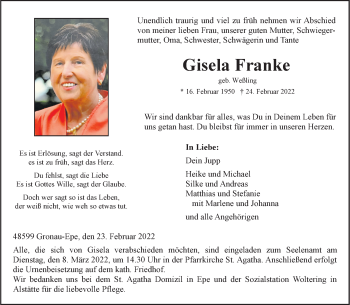 Anzeige von Gisela Franke 