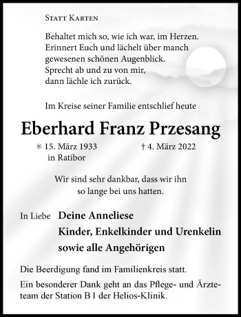 Anzeige von Eberhard Franz Przesang 