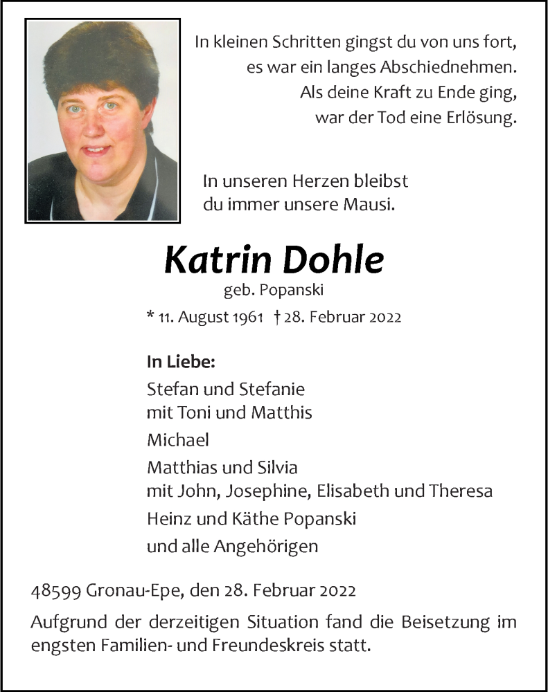  Traueranzeige für Katrin Dohle vom 16.03.2022 aus 