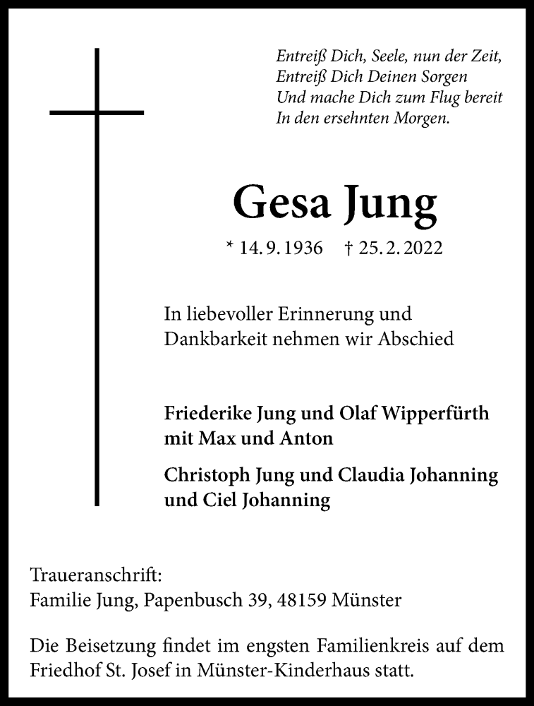  Traueranzeige für Gesa Jung vom 09.03.2022 aus 