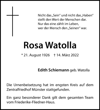 Anzeige von Rosa Watolla 