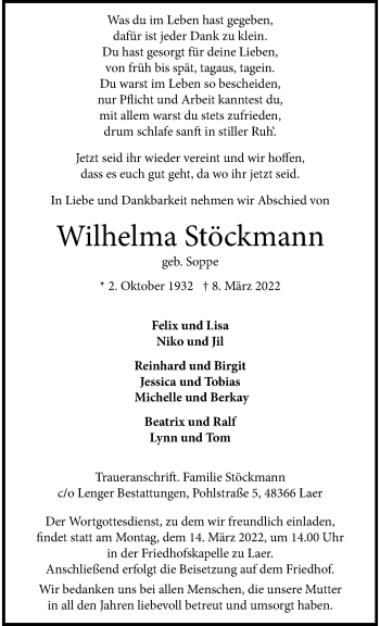 Anzeige von Wilhelma Stöckmann 