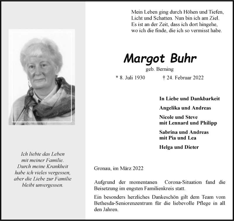  Traueranzeige für Margot Buhr vom 19.03.2022 aus 