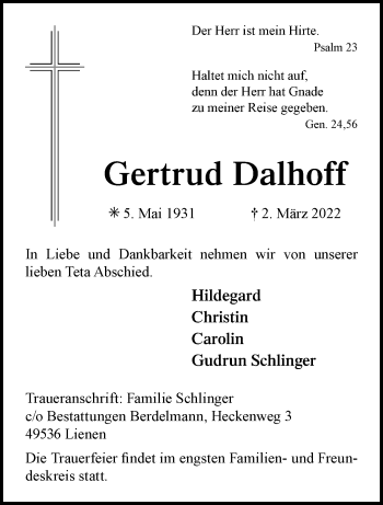 Anzeige von Gertrud Dalhoff 