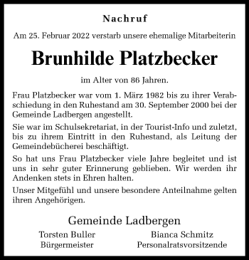 Anzeige von Brunhilde Platzbecker 