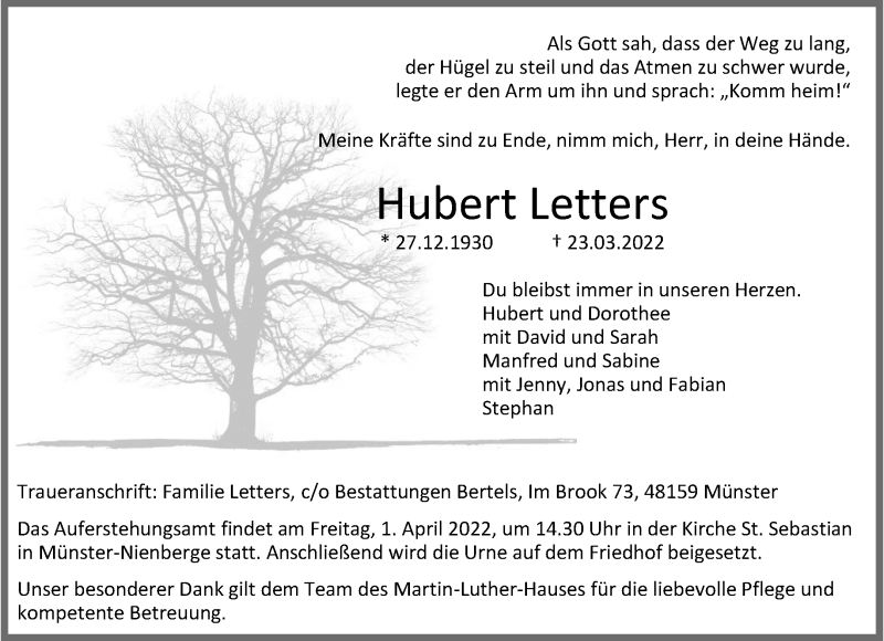  Traueranzeige für Hubert Letters vom 26.03.2022 aus 