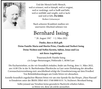 Anzeige von Bernhard Issing 